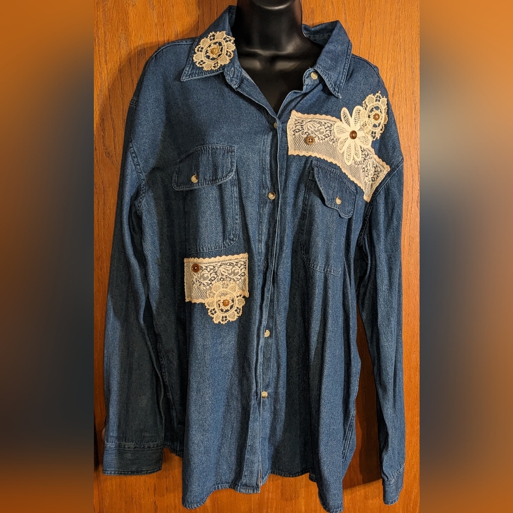 Women's Vintage‎ Marisol Lace Embellished Denim Button-down Shirt, Casual Sz1X